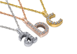 Lower case initial monogram block letter pave set lab grown diamond simulant cubic zirconia pendant in 14k yellow gold.