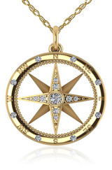 Compass Rose Nautical Bezel Prong and Burnish Set Pendant with lab grown diamond simulant cubic zirconia in 14k yellow gold.