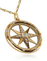 Compass Rose Nautical Bezel Prong and Burnish Set Pendant with simulated lab created diamond quality cubic zirconia in 14k yellow gold.