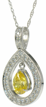 Marbella Halo Pear Pave Set Round Pendant with lab grown diamond simulant cubic zirconia in 14k white gold.