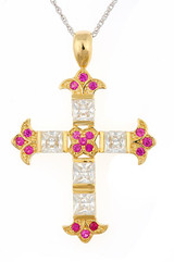 Lanier Princess Cut and Round Ruby Cross Pendant with lab grown diamond simulant cubic zirconia and man made gemstones in 14k yellow gold.