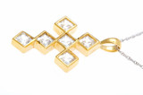 LaCroix Princess Cut Square Cross Pendant with lab grown diamond look cubic zirconia in 14k yellow gold.