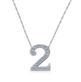 Floating number two numerical lab grown diamond simulant cubic zirconia pave charm necklace in 18k white gold.