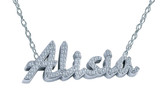 Prong set personalized round lab grown diamond quality cubic zirconia name pendant necklace in 14k white gold.