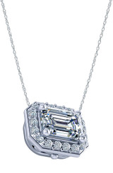 Emerald Cut 1 Carat Horizontal Pave Halo Pendant Necklace with lab grown diamond look cubic zirconia in 14k white gold.