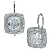 Krizzia 1 carat cushion cut laboratory grown diamond simulant cubic zirconia halo pave drop earrings in 14k white gold.