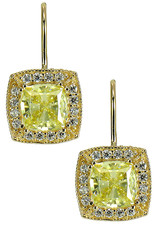 Krizzia 1 carat cushion cut canary lab grown diamond look cubic zirconia halo pave drop earrings in 14k yellow gold.