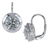 Victannia 1.5 carat round laboratory grown diamond simulant cubic zirconia prong set bezel style lever back earrings in 14k white gold.