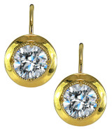 Victannia 1.5 carat round lab grown diamond alternative cubic zirconia prong set bezel style lever back earrings in 14k yellow gold.