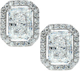 2.5 carat each LaRue radiant emerald cut laboratory grown diamond simulant cubic zirconia halo stud earrings in 14k white gold.