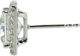 2.5 carat each LaRue princess cut laboratory grown diamond look cubic zirconia halo stud earrings in 14k white gold.