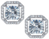 2.5 carat each LaRue asscher inspired laboratory grown diamond quality cubic zirconia halo stud earrings in 14k white gold.