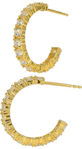 Jolie prong set lab grown diamond look cubic zirconia round hoop earrings in 14k yellow gold.