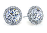 Stunner 3 carat round laboratory grown diamond look cubic zirconia micro pave halo stud earrings in 14k white gold.