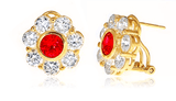 Rosario .75 carat ruby round lab grown diamond look cubic zirconia bezel set cluster flower style earrings in 14k yellow gold.