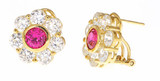 Rosario ruby red lab grown cubic zirconia round flower style earrings in 14k gold.