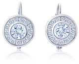 Roulette bezel channel set round laboratory grown diamond simulant cubic zirconia halo euro wire earrings in 14k white gold.