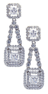 Fortuna princess cut lab grown diamond alternative cubic zirconia halo style drop earrings in 14k white gold.