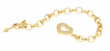 Cupids Heart and Arrow Pave Toggle Bracelet with lab grown diamond simulant cubic zirconia in 14k yellow gold.