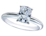 Elongated cushion cut lab grown diamond simulant cubic zirconia solitaire engagement ring in 14k white gold.