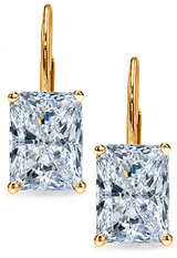 Radiant emerald cut cubic zirconia lab created diamond look leverback euro wire earrings in 18k yellow gold.