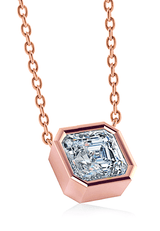 Asscher cut bezel set lab grown diamond simulant cubic zirconia solitaire pendant in 14k rose gold.