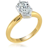 Pear shape lab grown diamond look cubic zirconia 6 prong classic solitaire engagement ring in 14k yellow gold.