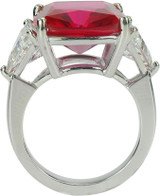 Cushion cut square with trillions three stone man made ruby cubic zirconia engagement ring  in platinum.