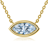 Marquise bezel set lab created diamond alternative cubic zirconia horizontal solitaire pendant in 14k yellow gold.