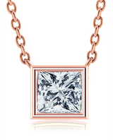 Princess cut square bezel set lab created diamond simulant cubic zirconia solitaire pendant in 14k rose gold.