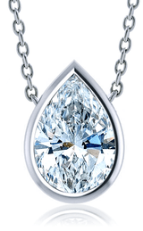 Pear shape bezel set lab created diamond quality cubic zirconia solitaire pendant in 14k white gold.