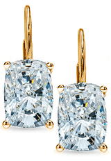 Elongated cushion cut cubic zirconia lab grown diamond look leverback euro wire drop earrings in 18k yellow gold.