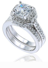 Elegant Asscher 1.5 carat lab grown diamond alternative cubic zirconia pave halo bridal wedding set in 14k white gold.