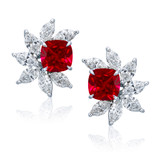Balmora cushion cut and marquise cluster spray lab grown diamond alternative cubic zirconia and man made ruby earrings in 14k white gold.
