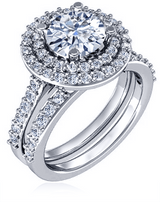 Lunette 1.5 carat round lab grown diamond alternative cubic zirconia double halo pave cathedral wedding set in 14k white gold.
