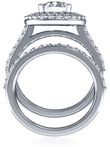 Lunette 1.5 carat round lab grown diamond look cubic zirconia double halo pave cathedral bridal set in platinum.