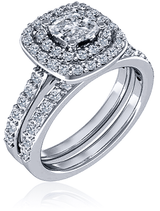 Lunette 1 carat cushion cut lab grown diamond look cubic zirconia double halo pave cathedral wedding set in 14k white gold.