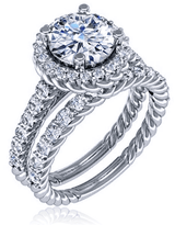 Spyra 1.5 carat round lab grown diamond simulant cubic zirconia twisted rope pave halo cathedral wedding set in 14k white gold.