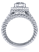 Spyra 1.5 carat round lab grown diamond look cubic zirconia twisted rope pave halo cathedral wedding set in platinum.