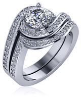 Round 1 Carat Swirl Halo Pave Wedding Set with lab grown diamond look cubic zirconia in 14k white gold.