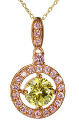 Hampton halo canary 2 carat round pink pave pendant with simulated lab created diamond simulant cubic zirconia in 14k rose gold.