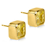 Princess cut square bezel set canary lab grown diamond alternative cubic zirconia stud earrings in 14k yellow gold.