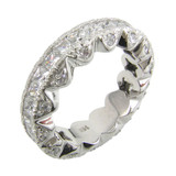 Channel set princess cut and prong set round lab grown diamond simulant cubic zirconia designer eternity band in 14k white gold.