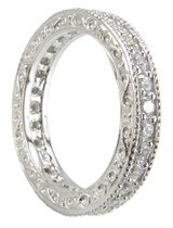 Engraved pave set round milgrain lab grown cubic zirconia eternity band in 14k white gold.
