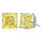 Princess cut square laboratory grown canary diamond simulant cubic zirconia basket set stud earrings in 14k white gold with friction posts.