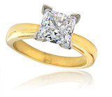 Princess cut 1.5 carat lab grown diamond look cubic zirconia cathedral solitaire with matching wedding band bridal set in 14k yellow gold.