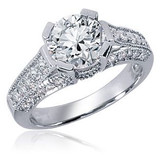 Round Cathedral Milgrain Solitaire with simulated lab grown diamond alternative cubic zirconia in 18k white gold.