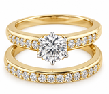 Round 1.5 Carat Pave Set Bridal Set with lab grown created diamond look cubic zirconia in yellow gold.