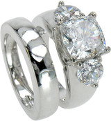 Dianna 4 carat cushion cut lab grown diamond simulant cubic zirconia three stone ring and wedding band in 14k white gold.