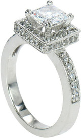Princess cut 1 carat halo lab grown diamond simulant cubic zirconia three ring set in platinum.